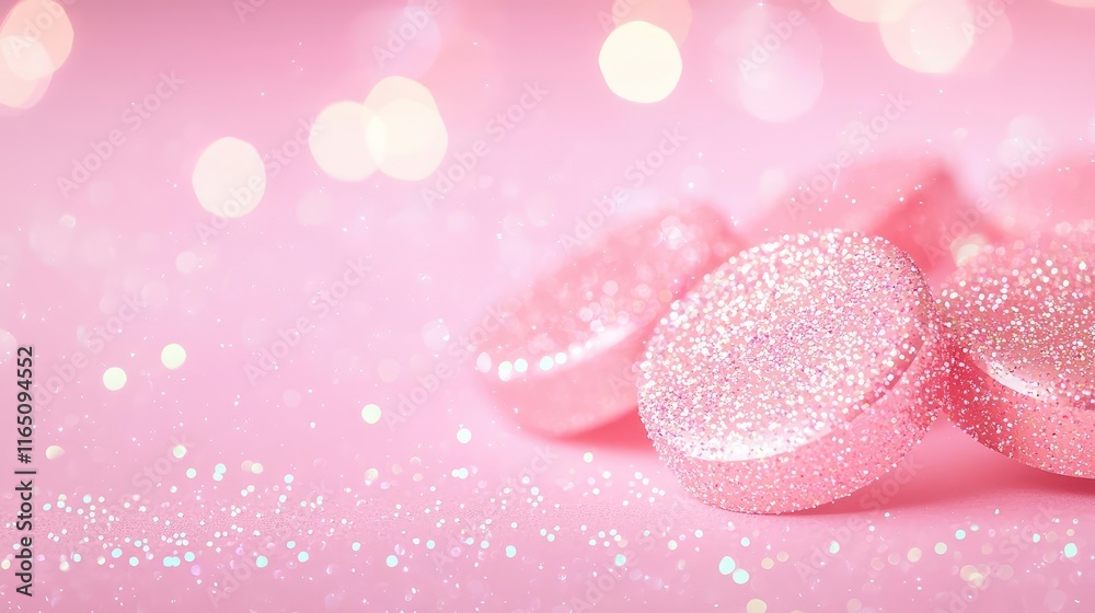 Fototapeta premium Sparkle abstract background concept. Close-up of glittery pink candies on a soft pink background with bokeh effects.