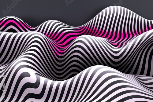 Abstract wavy black and white striped pattern with pink accents. photo