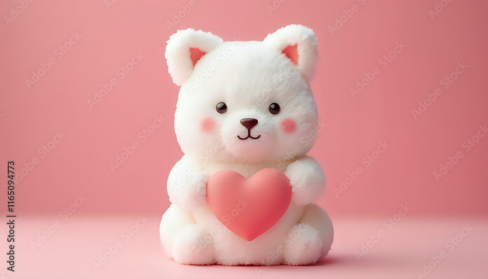 a little white teddy bear with a heart sitting on a pink background