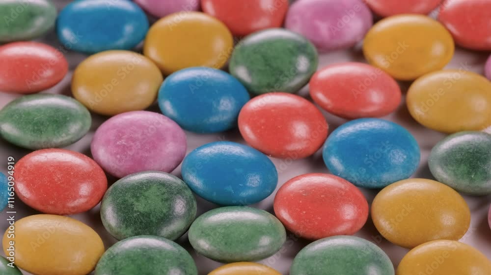 Heap of multi colored dragees. Glazed bonbon candies. Slider shot. Selective focus. Sweet treats, desserts, snacks, confectionery concepts. 4k Heap of multi colored dragees. Glazed bonbon candies. Slider shot. Selective focus. Sweet treats, desserts, snacks, confectionery concepts. 4k