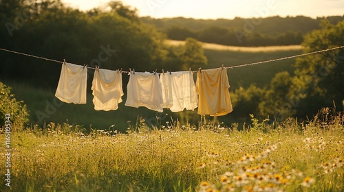 Clothes swaying gently on a clothesline in a country meadow