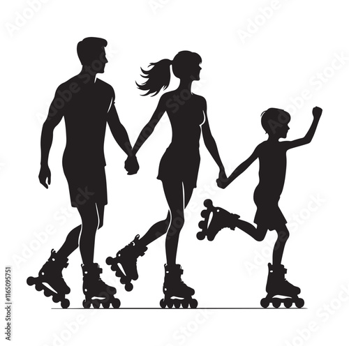 Family Rollerblading silhouette vector illustration