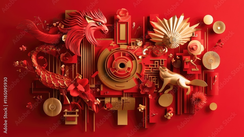 Fototapeta premium Chinese zodiac symbols in abstract geometric shapes, with gold accents and vibrant red gradients.