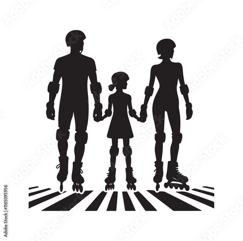 Family Rollerblading silhouette vector illustration