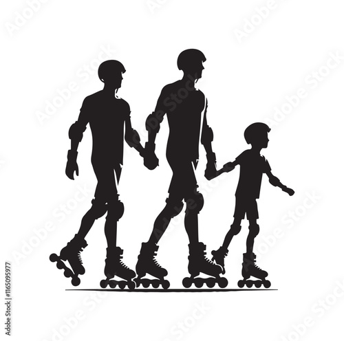 Family Rollerblading silhouette vector illustration