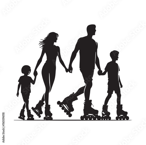 Family Rollerblading silhouette vector illustration