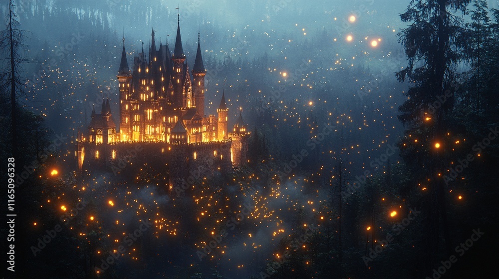 Obraz premium A castle surrounded by glowing, floating fireflies at dusk