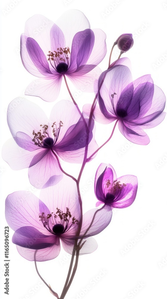 Fototapeta premium Stunning X-Ray Floral Arrangement in Vibrant Purple Hues. Delicate Petals and Stems, Capturing the Essence of Springtime Nature. An Exquisite Floral Art Piece for Home Decor.