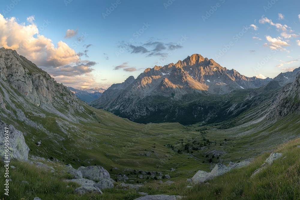 Naklejka premium Majestic Mountain Landscape at Dusk With Rocky Terrain and Vibrant Clouds in the Italian Alps