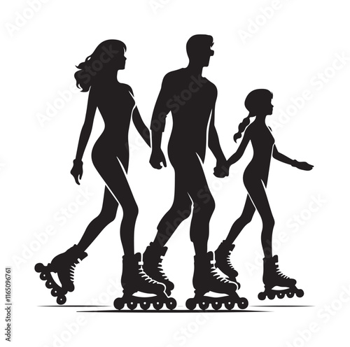 Family Rollerblading silhouette vector illustration