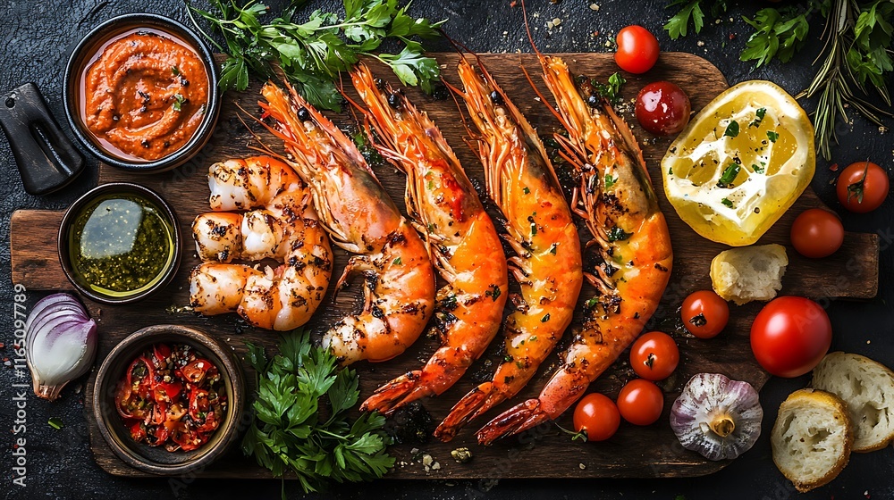 Grilled prawns with herbs, cherry tomatoes, lemon, and various sauces on a rustic wooden board. Grilled prawns with herbs, cherry tomatoes, lemon, and various sauces on a rustic wooden board.