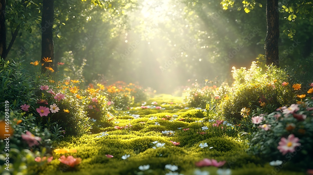Obraz premium A serene garden bed with lush evergreen shrubs surrounded by soft, velvety moss and blooming spring wildflowers, sunlight filtering through the trees,
