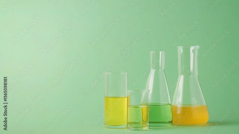 Glass Laboratory Equipment with Yellow and Green Water on Background Glass Laboratory Equipment with Yellow and Green Water on Background