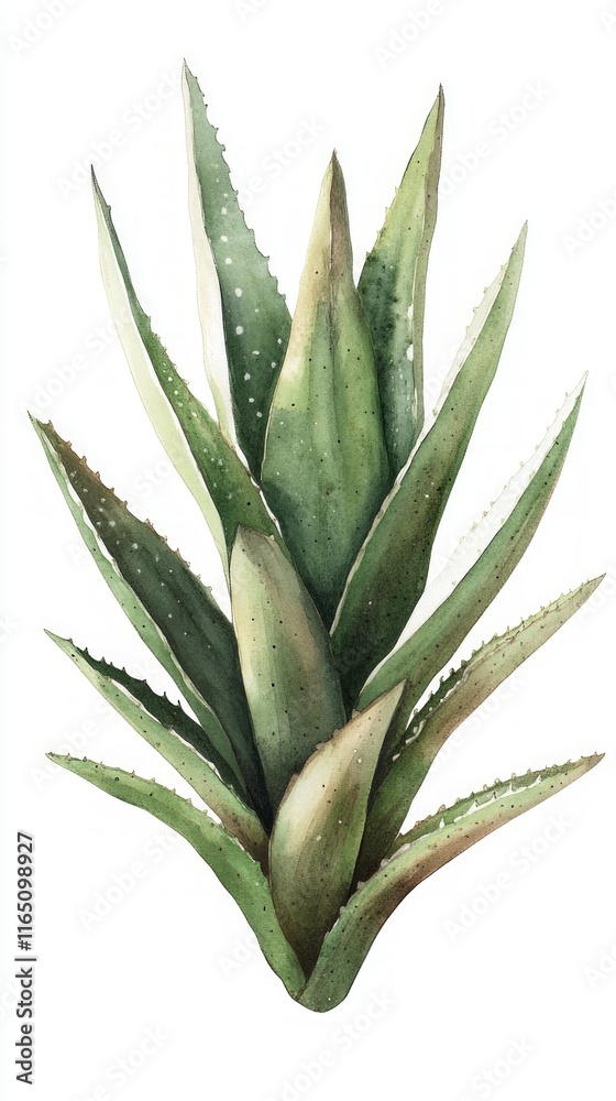 Fototapeta premium A Striking Watercolor Aloe Illustration: Lush Green Leaves in Exquisite Detail