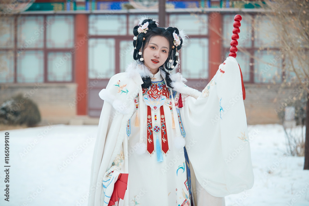 Obraz premium Asian girl wearing Ming Dynasty Hanfu outdoors after heavy snow