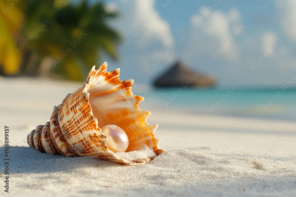 Shell rests on sandy beach with a pearl under a bright sky and calm ocean waves Shell rests on sandy beach with a pearl under a bright sky and calm ocean waves
