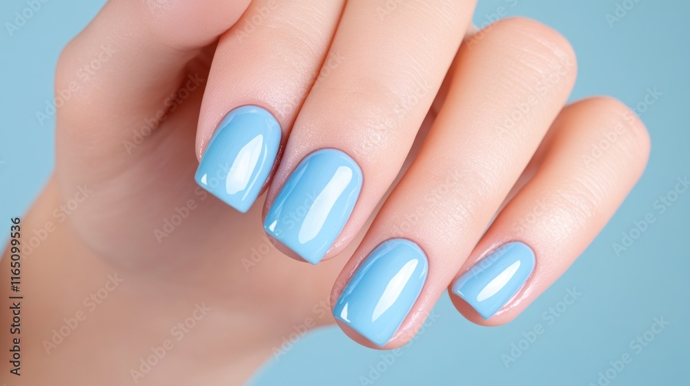 A close-up of a hand with freshly painted light blue nails. A close-up of a hand with freshly painted light blue nails.