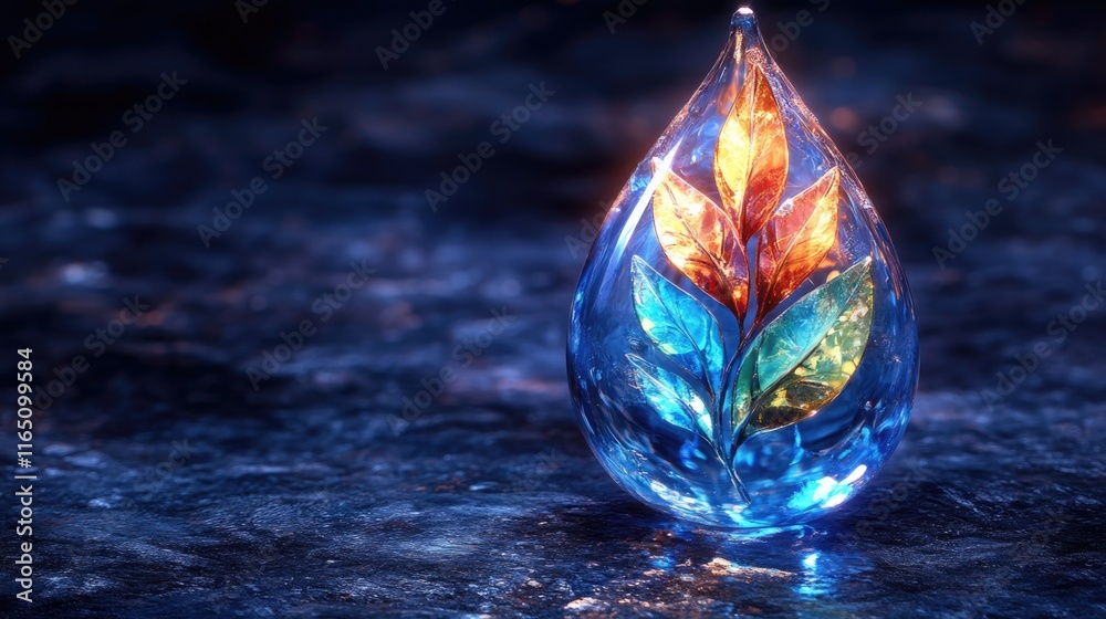 Colorful glass leaf sculpture in teardrop shape with ambient light reflections Colorful glass leaf sculpture in teardrop shape with ambient light reflections