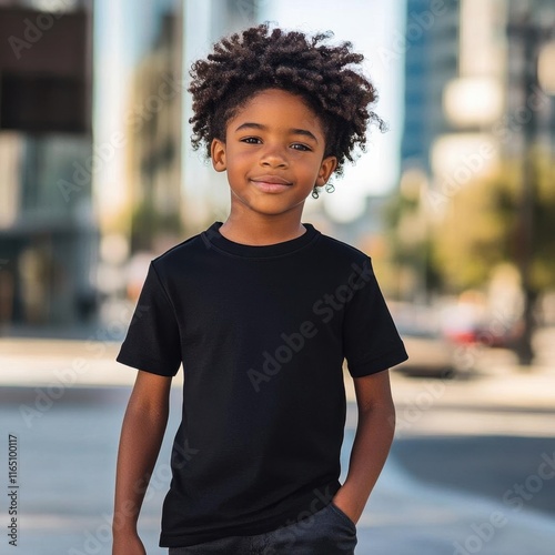 Young Boy Smiling in Black T-shirt
