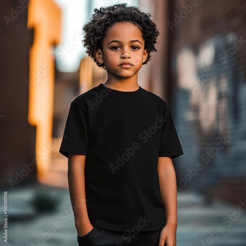 Young Boy in Black T-Shirt Standing in Urban Setting