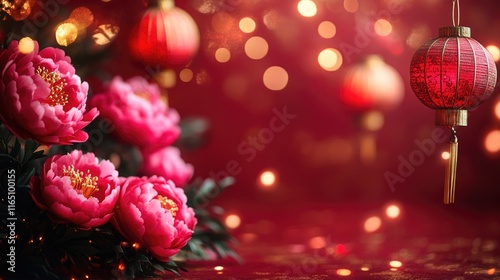 Fototapeta Naklejka Na Ścianę i Meble -  Red lanterns and pink peonies in festive chinese new year scene. Happy Chinese New Year
