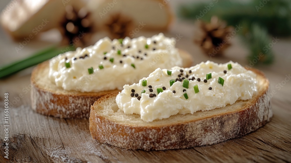 Rustic bread with creamy cheese and chives topped with black caviar Rustic bread with creamy cheese and chives topped with black caviar