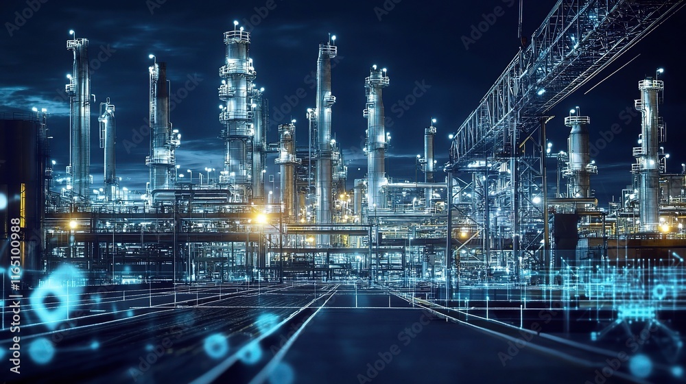 Fototapeta premium Advanced Construction Technology in Modern Industrial Site at Night