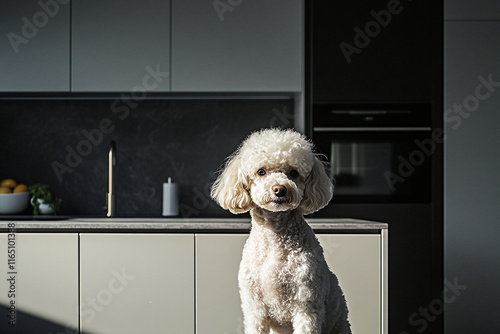 Poodle Sitting in a Modern Kitchen photo