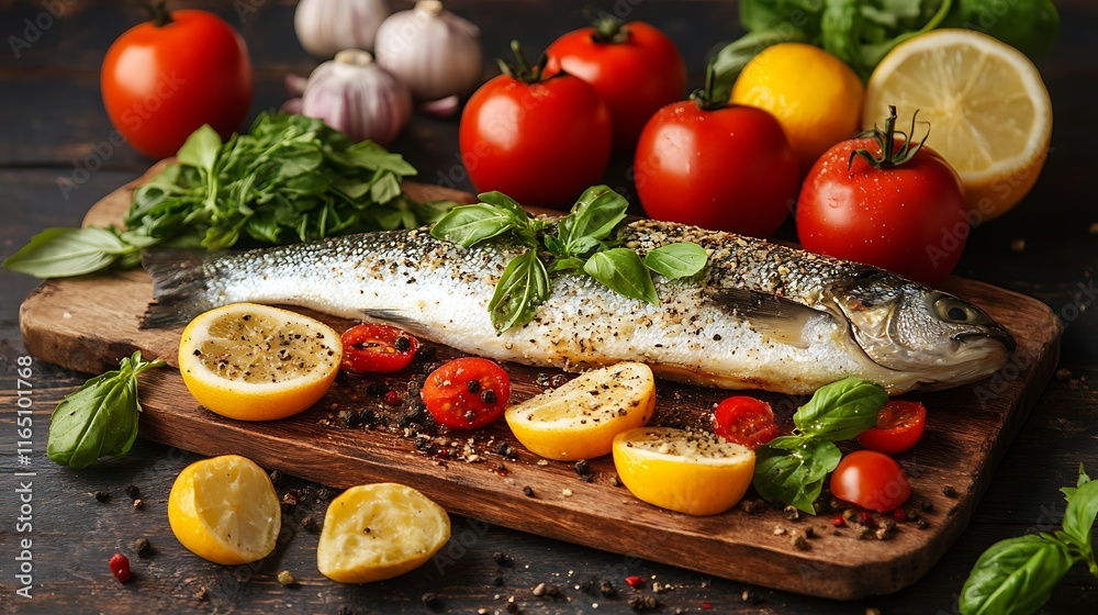 Roasted sea bass with lemon, tomatoes, garlic, and basil on wooden board. Roasted sea bass with lemon, tomatoes, garlic, and basil on wooden board.