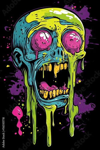 Melted skull illustration with vibrant colors and grunge splatters.