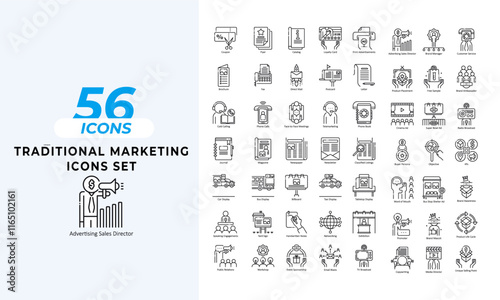 A set of line icons related to Traditional Marketing icons.  analytics, business, campaign, communication, design, development, digital, internet, line, management, market, and so on others.