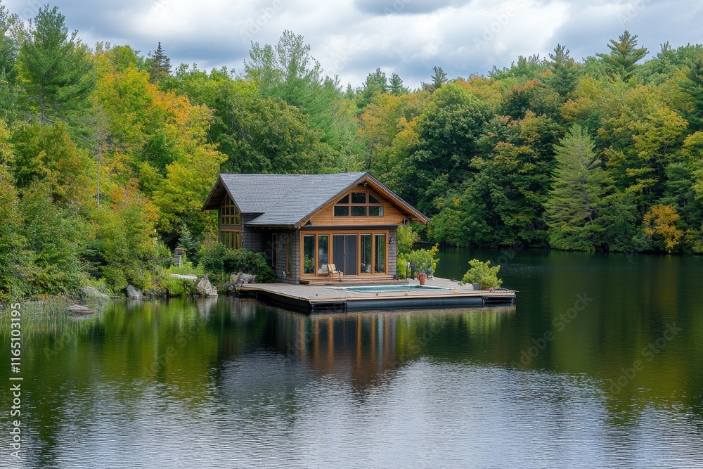 Serene Lakeside Cabin Surrounded by Vibrant Autumn Foliage in a Tranquil Setting Serene Lakeside Cabin Surrounded by Vibrant Autumn Foliage in a Tranquil Setting