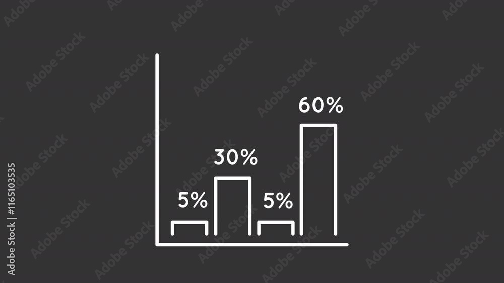 Animated vertical histogram white icon. Bouncing bar chart with percent line animation. Commercial activity. Isolated illustration on dark background. Transition alpha video. Motion graphic