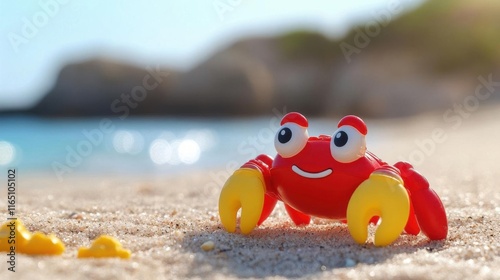 Red crab toy plays on sandy beach