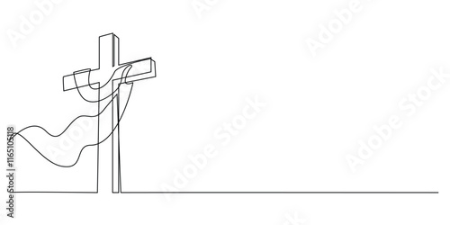 continuous line drawing of a cross with a flying cloth.one line drawing of the sign of Jesus' crucifixion wrapped around a flying cloth.single line vector illustration.isolated on white background