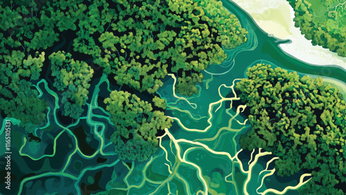 flat illustration of An abstract bird’s-eye view of a river delta, with intricate patterns of waterways branching into the sea, surrounded by vibrant green mangroves