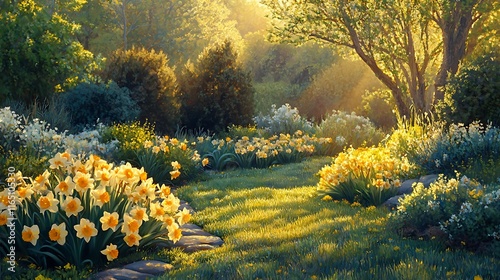 A vibrant garden bed featuring evergreen shrubs and bright yellow daffodils, golden hour sunlight enhancing the vivid tones, crisp textures of flowers and foliage, a tranquil springtime setting,