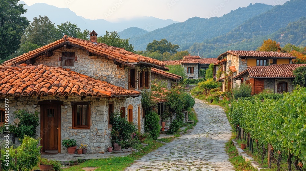 Stone houses, cobblestone street, vineyard, mountain background. Stone houses, cobblestone street, vineyard, mountain background.