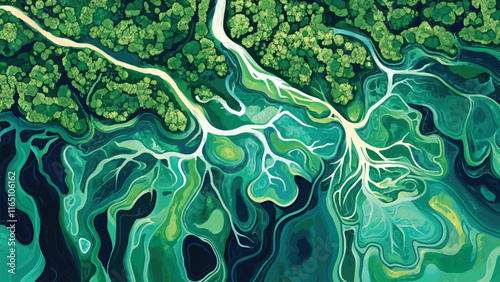 flat illustration of An abstract bird’s-eye view of a river delta, with intricate patterns of waterways branching into the sea, surrounded by vibrant green mangroves