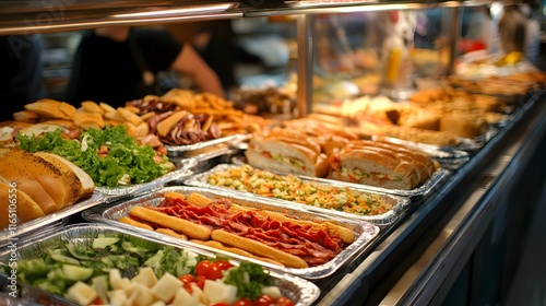 A vibrant display of assorted dishes showcasing a variety of flavors and colors in a bustling food market. photo