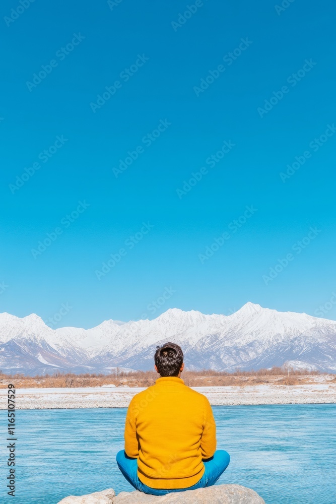 Man in Vibrant Yellow Jacket Enjoying Serene Himalayan View by River Under Clear Blue Sky Man in Vibrant Yellow Jacket Enjoying Serene Himalayan View by River Under Clear Blue Sky