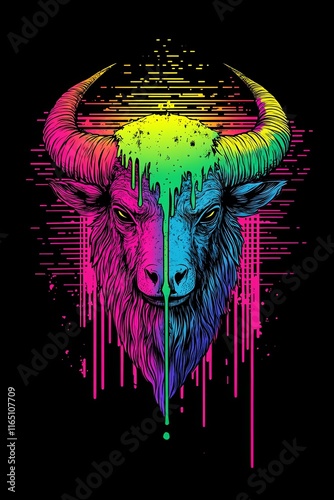 Psychedelic bull head illustration with vibrant color drips and digital glitch effects on a black background. photo