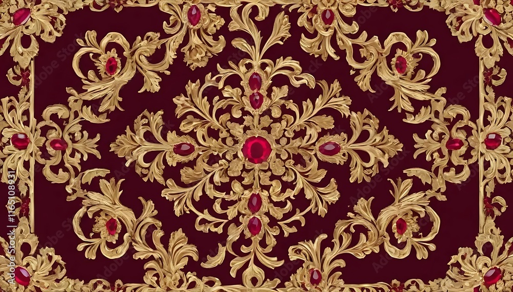 Ornate Gold Filigree Design with Red Gemstones Ornate Gold Filigree Design with Red Gemstones