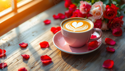 Romantic Latte Art: Heart-Shaped Cappuccino with Roses photo