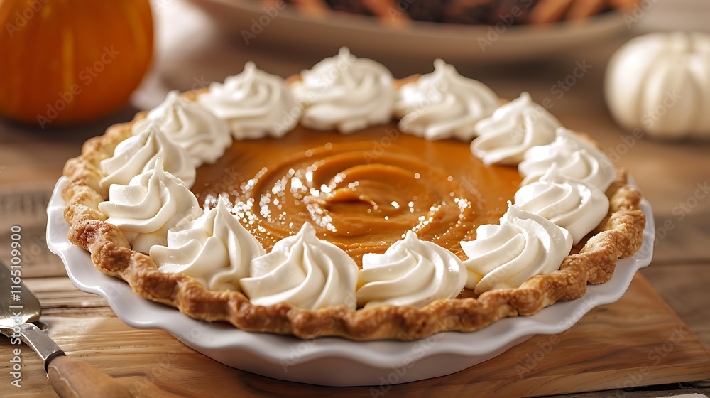 A classic thanksgiving squash pie plate with a cream frosting on topping A classic thanksgiving squash pie plate with a cream frosting on topping