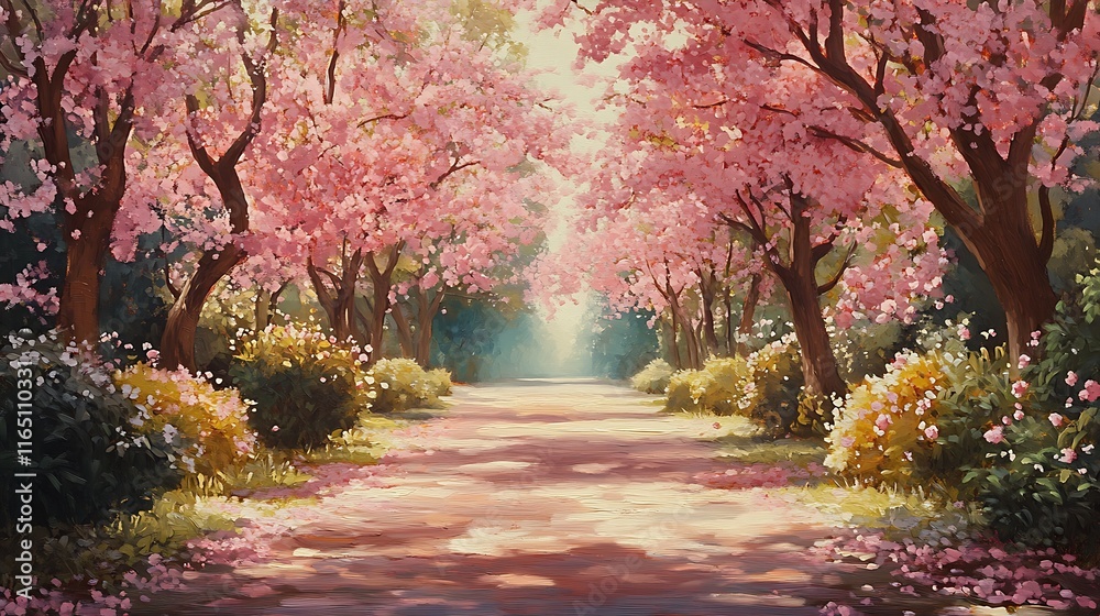 Evergreen bushes with cherry blossoms creating a soft pink canopy above, sunlight casting warm highlights on the leaves and petals, a serene and vibrant springtime landscape,