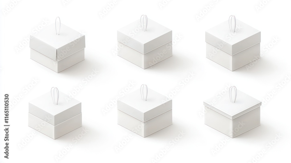 Refined pearl white packaging boxes shown in isometric design, perfect for luxury brands. Refined pearl white packaging boxes shown in isometric design, perfect for luxury brands.