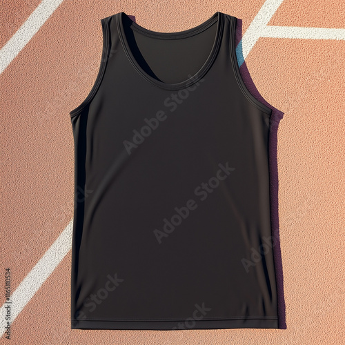 Black tank top laying on sports court yard. Regular tee designs mockup. Flat lays a-shirt mock up. Casual blank athletic shirt template. Unisex sleeveless clothing, gender neutral apparel
 photo