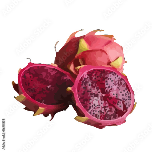A sliced re Dragon fruit isolated on white background generative vector