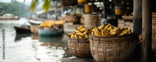 Tropical Banana Market Scene by the River: Vibrant Colors and Rustic Charm of a Waterfront Banana Stand photo